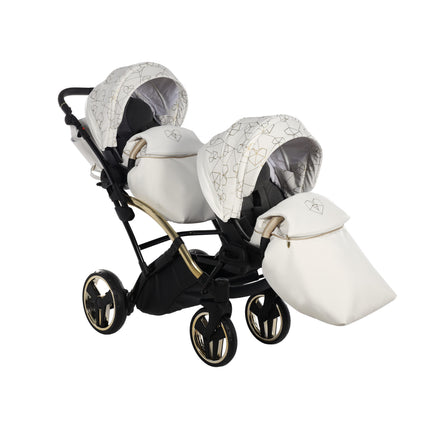 Junama Heart Duo Slim Vit & Guld syskonvagn med matchande åkpåsar, sett framifrån