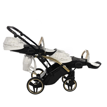 Junama Heart Duo Slim Vit & Guld syskonvagn med sittdelar som kan fällas till plant liggläge