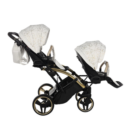 Junama Heart Duo Slim Vit & Guld syskonvagn med sittdelar i tillbakalutat läge
