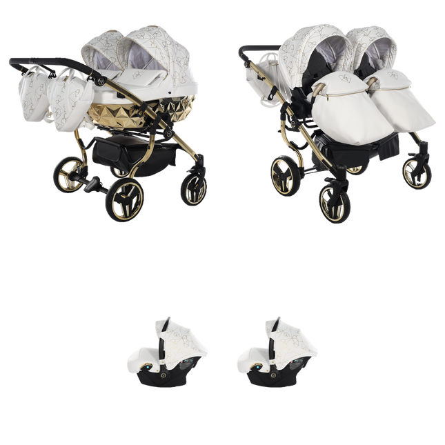 Junama Heart Duo Stroller White & Gold with two carrycots, two seat units, and two infant car seats