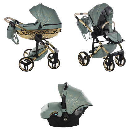 Junama Heart Green and Gold stroller in carrycot and seat configurations with matching car seat