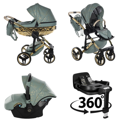 Junama Heart Green and Gold stroller in carrycot and seat configurations with matching car seat and 360-degree rotating ISOFIX base
