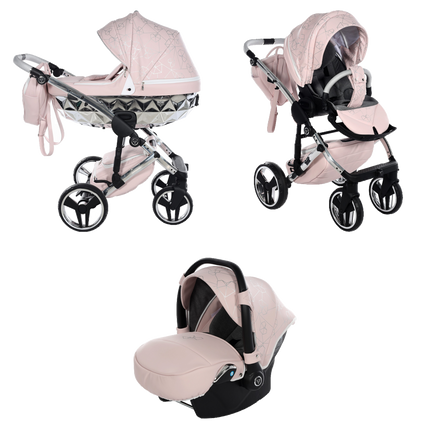 Junama Heart Pink stroller in carrycot and seat configurations with matching car seat
