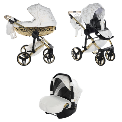 Junama Heart White and Gold stroller in carrycot and seat configurations with matching car seat