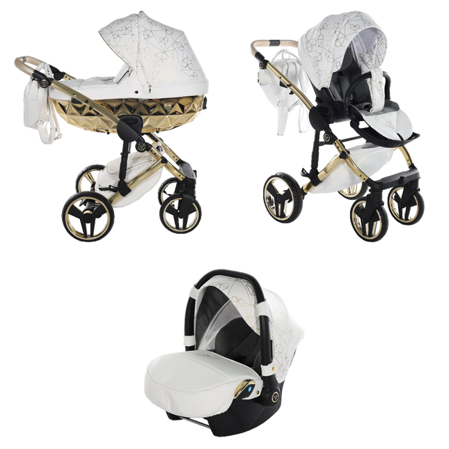 Junama Heart White and Gold stroller in carrycot and seat configurations with matching car seat