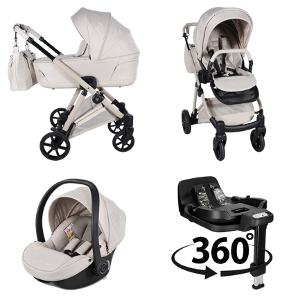 Junama Milano Beige stroller in carrycot and seat configurations with car seat and 360-degree rotating ISOFIX base