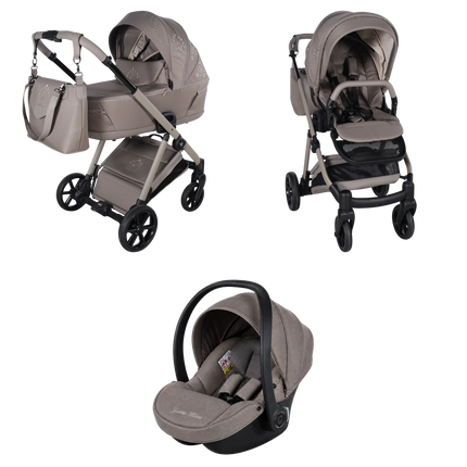 Junama Milano Cappuccino stroller in carrycot and seat configurations with matching car seat