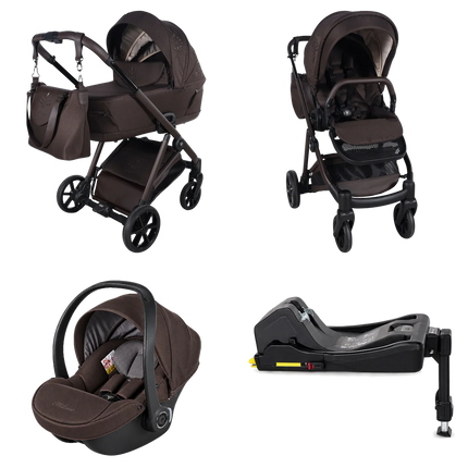 Junama Milano Chocolate stroller in carrycot and seat configurations with car seat and ISOFIX base