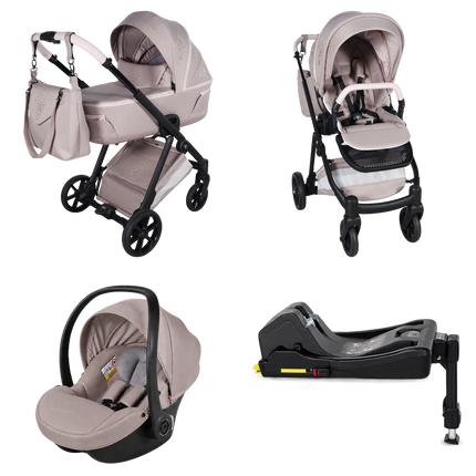 Junama Milano Pink stroller in carrycot and seat configurations with car seat and ISOFIX base