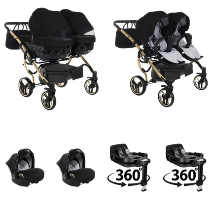Junama S Line Duo (Zwart): 4 IN 1 dubbele kinderwagen; 2 × babyautostoel; 2 × ISOFIX-basis (360°)
