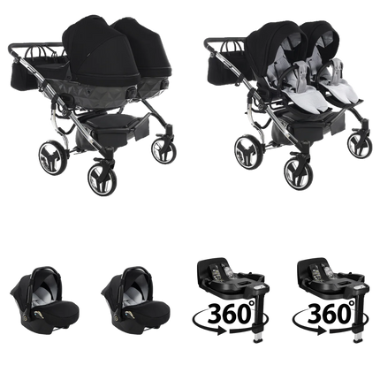 Junama S Line Duo (Grijs): 4 IN 1 dubbele kinderwagen; 2 × babyautostoel; 2 × ISOFIX-basis (360°)