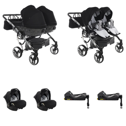 Junama S Line Duo (Grijs): 4 IN 1 dubbele kinderwagen; 2 × babyautostoel; 2 × ISOFIX-basis