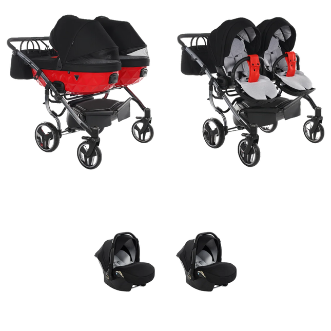 Junama S Line Duo Red 3 IN 1 double stroller package with two infant car seats