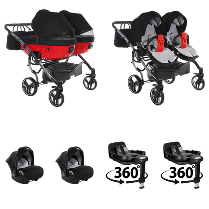 Junama S Line Duo (Rood): 4 IN 1 dubbele kinderwagen; 2 × babyautostoel; 2 × ISOFIX-basis (360°)