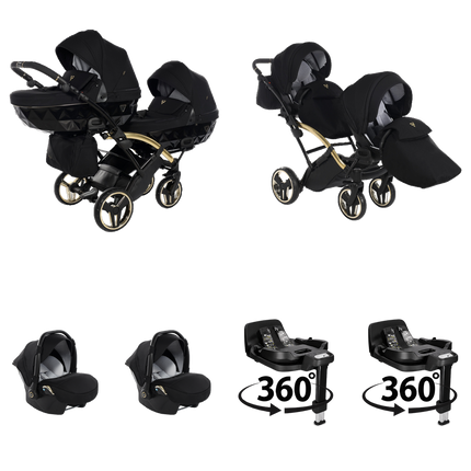 Carrinho Junama S Line Duo Slim preto com duas alcofas, duas unidades de assento, duas cadeiras de criança e duas bases giratórias 360 graus Bases ISOFIX