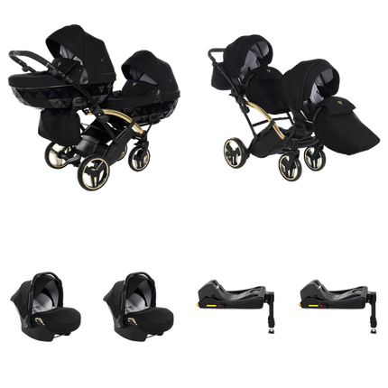 Carrinho Junama S Line Duo Slim preto com duas alcofas, duas unidades de assento, duas cadeiras de criança e duas bases ISOFIX fixas