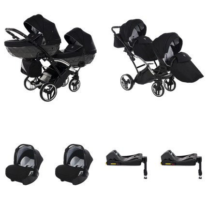 Carrinho de Bebé Junama S Line Duo Slim cinzento com duas alcofas, duas unidades de assento, duas cadeiras auto e duas bases ISOFIX fixas
