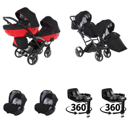 Carrinho Junama S Line Duo Slim vermelho com duas alcofas, duas unidades de assento, duas cadeiras de criança e duas bases ISOFIX giratórias 360 graus