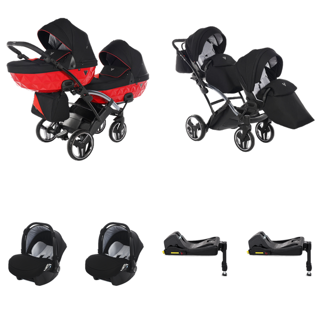 Junama S Line Duo Slim Stroller Red with two carrycots, two seat units, two infant car seats, and two fixed ISOFIX bases