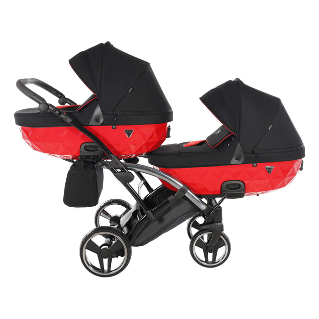 Junama S Line Duo Slim Red tandem double stroller with two carrycots