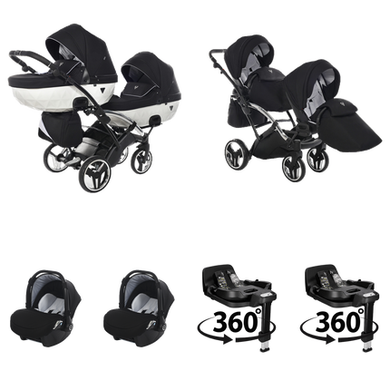 Carrinho Junama S Line Duo Slim Branco com duas alcofas, duas unidades de assento, duas cadeiras auto e duas bases ISOFIX giratórias 360°