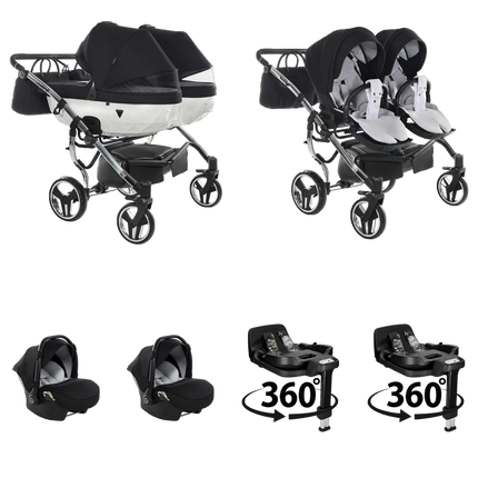 Junama S Line Duo (Wit): 4 IN 1 dubbele kinderwagen; 2 × babyautostoel; 2 × ISOFIX-basis (360°)
