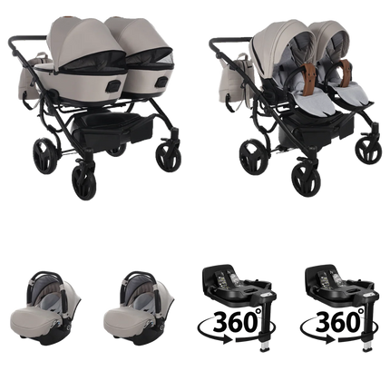 Junama Space Duo Beige 4 IN 1 double stroller package with two infant car seats and two 360° rotating ISOFIX bases