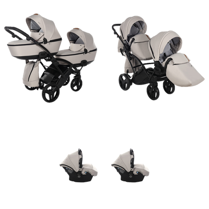 Junama Space Duo Slim Stroller Beige with two carrycots, two seat units, and two infant car seats