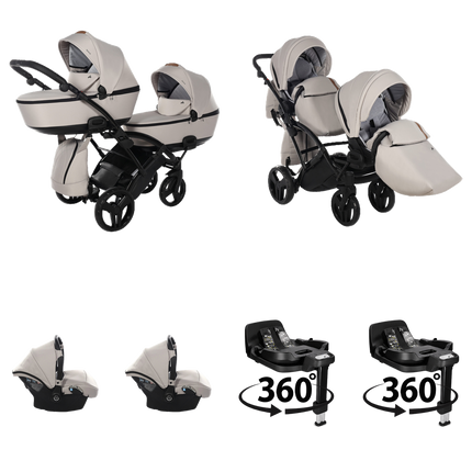 Junama Space Duo Slim Stroller Beige with two carrycots, two seat units, two infant car seats, and two 360-degree rotating ISOFIX bases