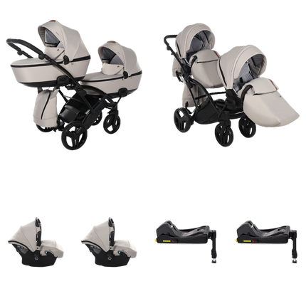 Junama Space Duo Slim Stroller Beige with two carrycots, two seat units, two infant car seats, and two fixed ISOFIX bases