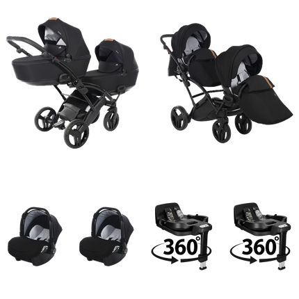 Junama Space Duo Slim Stroller Black with two carrycots, two seat units, two infant car seats, and two 360-degree rotating ISOFIX bases