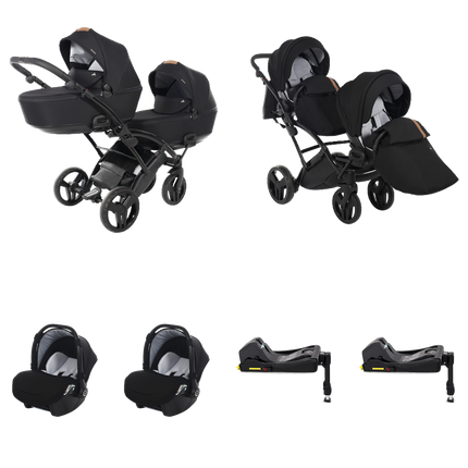 Junama Space Duo Slim Stroller Black with two carrycots, two seat units, two infant car seats, and two fixed ISOFIX bases