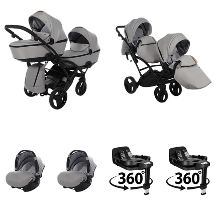 Junama Space Duo Slim Stroller Gray with two carrycots, two seat units, two infant car seats, and two 360-degree rotating ISOFIX bases