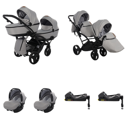 Junama Space Duo Slim Stroller Gray with two carrycots, two seat units, two infant car seats, and two fixed ISOFIX bases