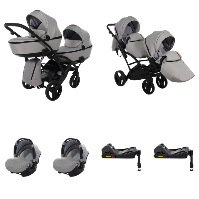 Junama Space Duo Slim Stroller Gray with two carrycots, two seat units, two infant car seats, and two fixed ISOFIX bases