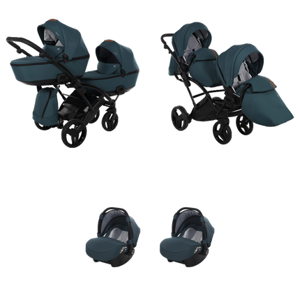 Junama Space Duo Slim Stroller Turquoise with two carrycots, two seat units, and two infant car seats