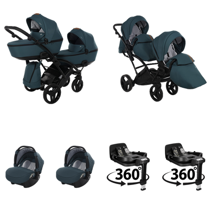Junama Space Duo Slim Stroller Turquoise with two carrycots, two seat units, two infant car seats, and two 360-degree rotating ISOFIX bases