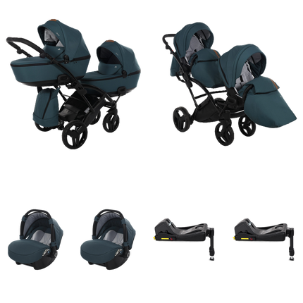 Junama Space Duo Slim Stroller Turquoise with two carrycots, two seat units, two infant car seats, and two fixed ISOFIX bases