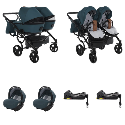 Junama Space Duo Turquoise 4 IN 1 double stroller package with two infant car seats and two ISOFIX bases