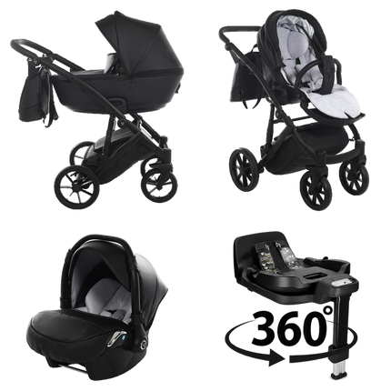 Junama Space Eco Leather Black stroller in carrycot and seat configurations with matching car seat and 360-degree rotating ISOFIX base