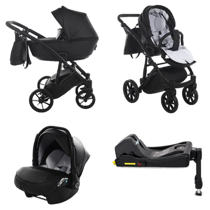 Junama Space Eco Leather Black stroller in carrycot and seat configurations with matching car seat and ISOFIX base