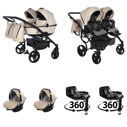 Junama Space Eco Leather Duo Beige 4 IN 1 double stroller package with two infant car seats and two 360° rotating ISOFIX bases