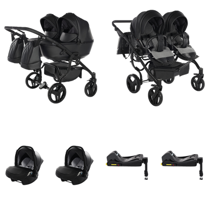 Junama Space Eco Leather Duo Black 4 IN 1 double stroller package with two infant car seats and two ISOFIX bases