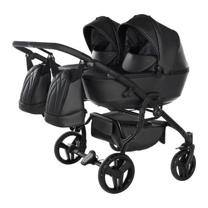 Junama Space Eco Leather Duo Black side-by-side double stroller with two carrycots / bassinets