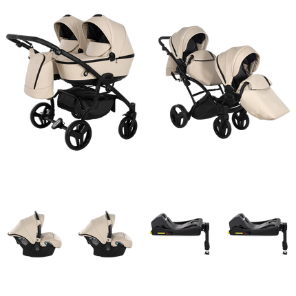 Junama Space Eco Leather Duo Slim-barnvagn, beige, med två liggdelar, två sittdelar, två babyskydd och två fasta ISOFIX-baser