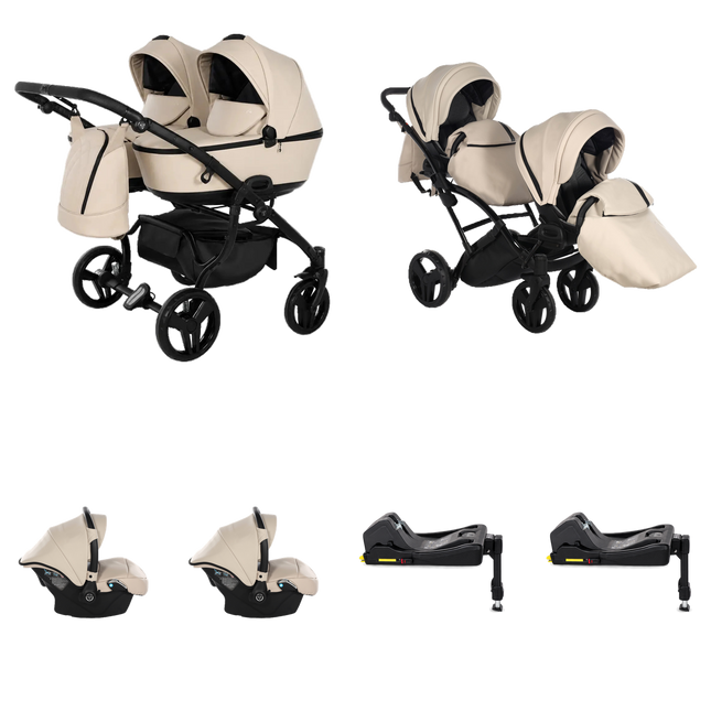 Junama Space Eco Leather Duo Slim Stroller Beige with two carrycots, two seat units, two infant car seats, and two fixed ISOFIX bases