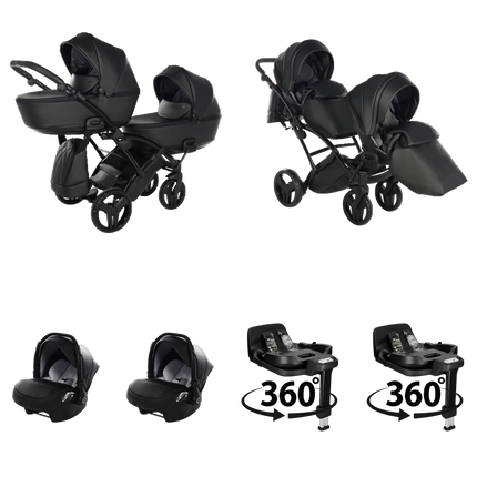 Junama Space Eco Leather Duo Slim-barnvagn, svart, med två liggdelar, två sittdelar, två babyskydd och två 360-graders roterbara ISOFIX-baser