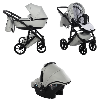 Junama Space Eco Leather Gray stroller in carrycot and seat configurations with matching car seat