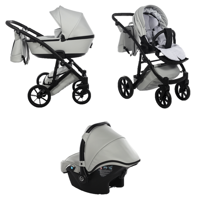 Junama Space Eco Leather Gray stroller in carrycot and seat configurations with matching car seat