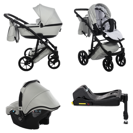 Junama Space Eco Leather Gray stroller in carrycot and seat configurations with matching car seat and ISOFIX base